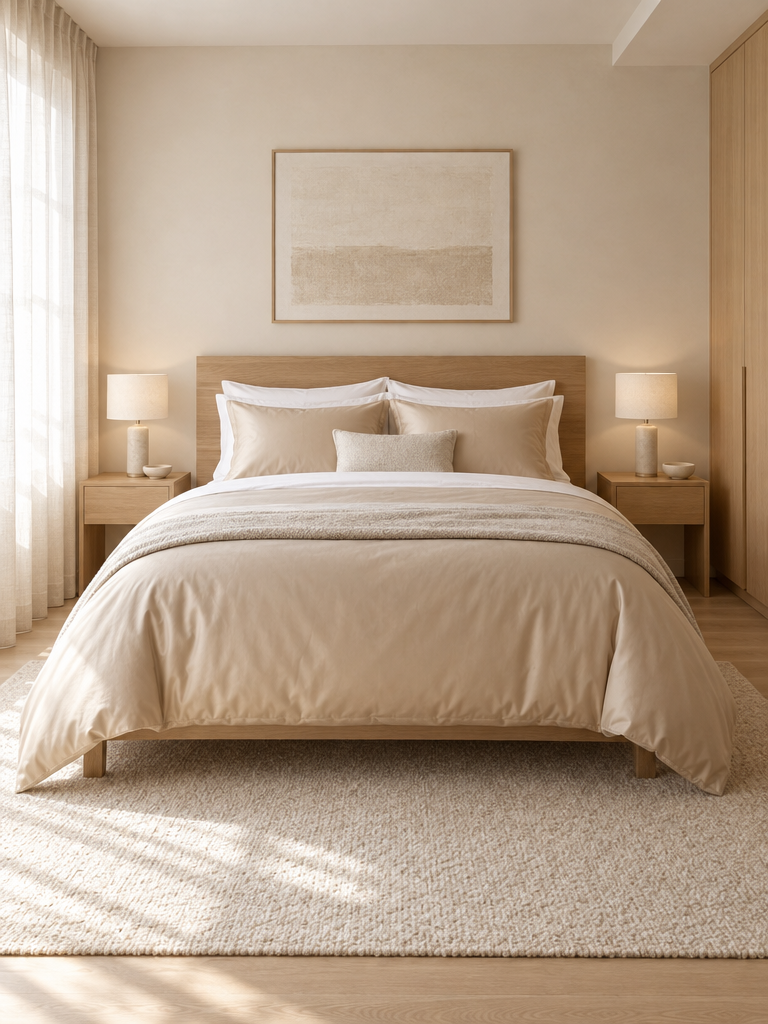 Bettwäsche beige auf einem gemachten Bett in einem hellen Schlafzimmer