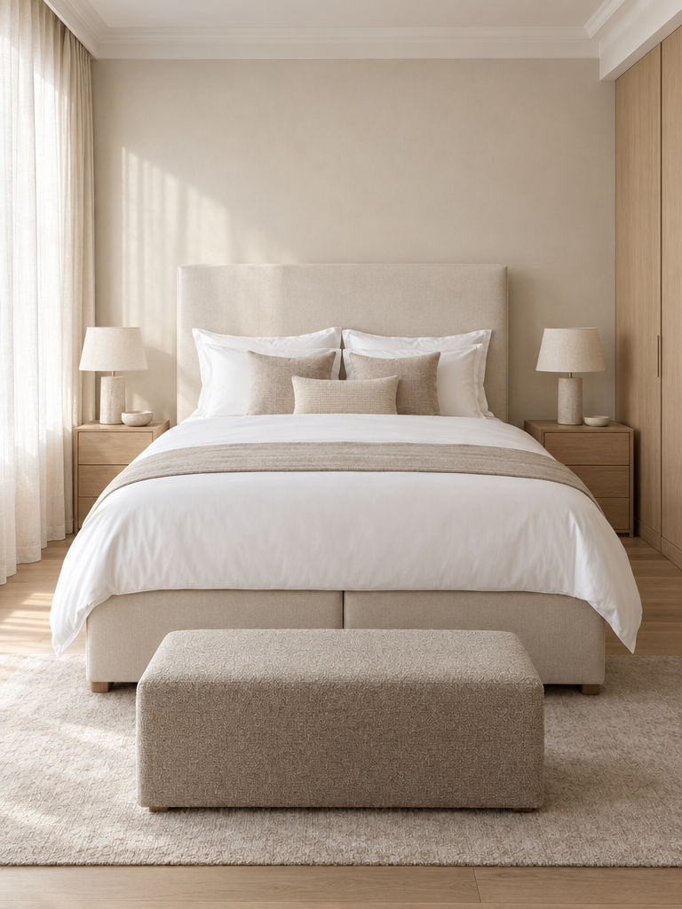 Bettwäsche auf einem Boxspringbett 140x200 mit hellem Kopfteil