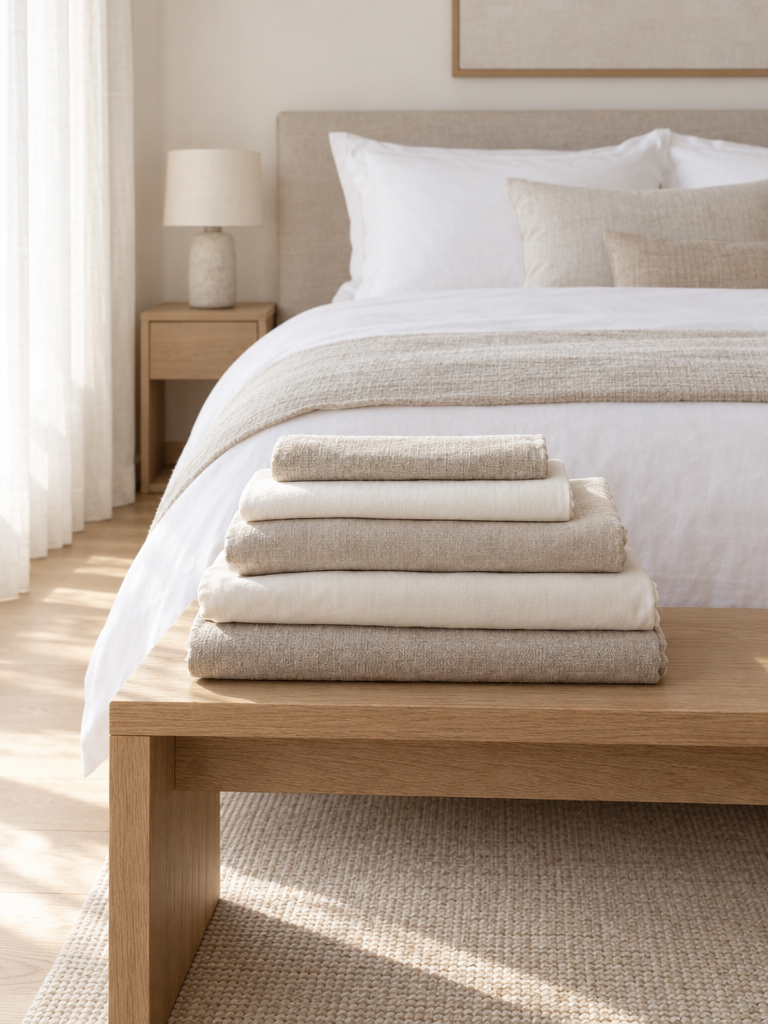 Bettwäsche in Creme und Sand gefaltet auf einer Bettbank