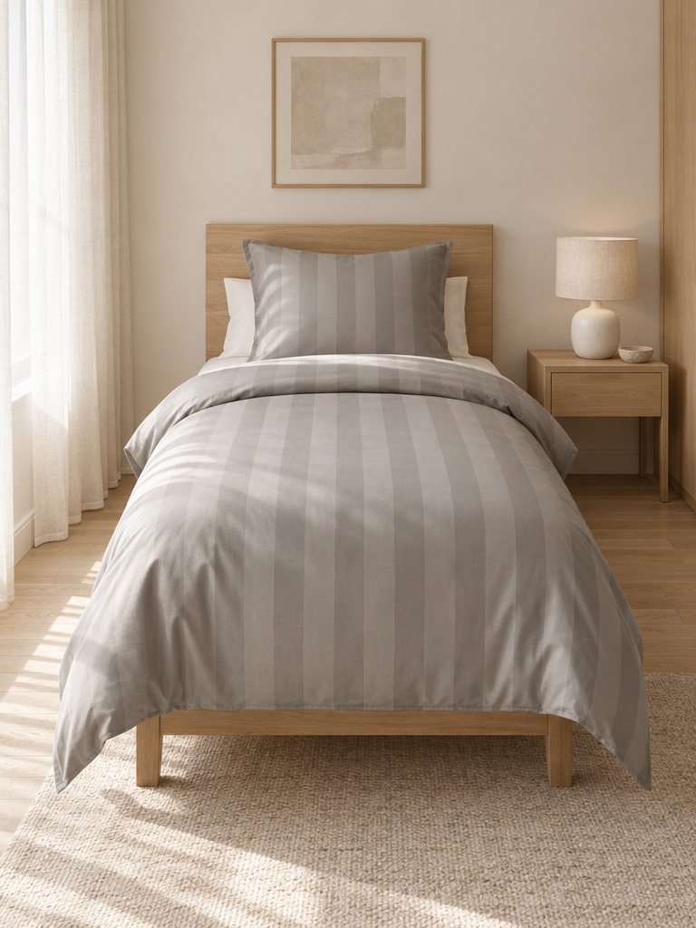 Bettwäsche grau 135x200 auf einer Einzeldecke im hellen Schlafzimmer