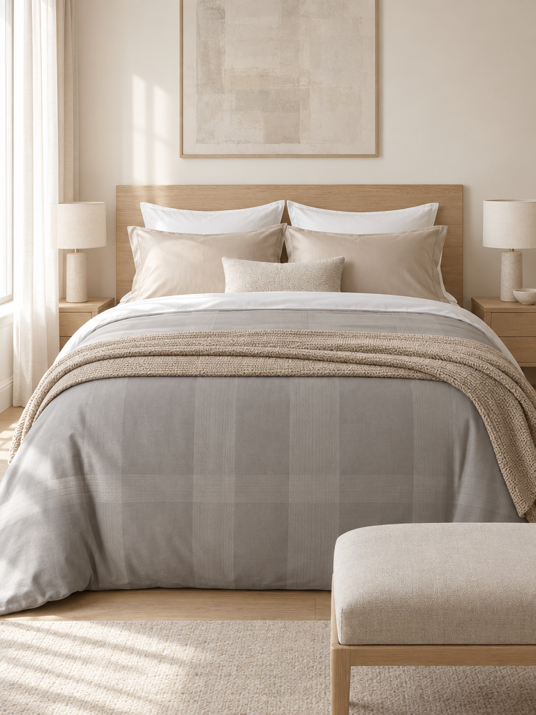 Bettwäsche in Grau und Beige kombiniert mit weißen Kissen auf einem Bett