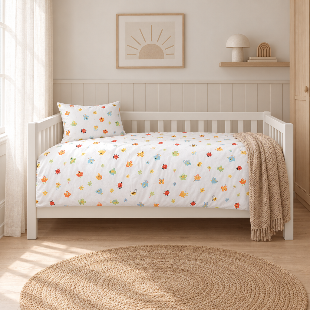 Bettwäsche Kinder 100x135 mit bunten Wiesentieren für Mädchen und Jungen
