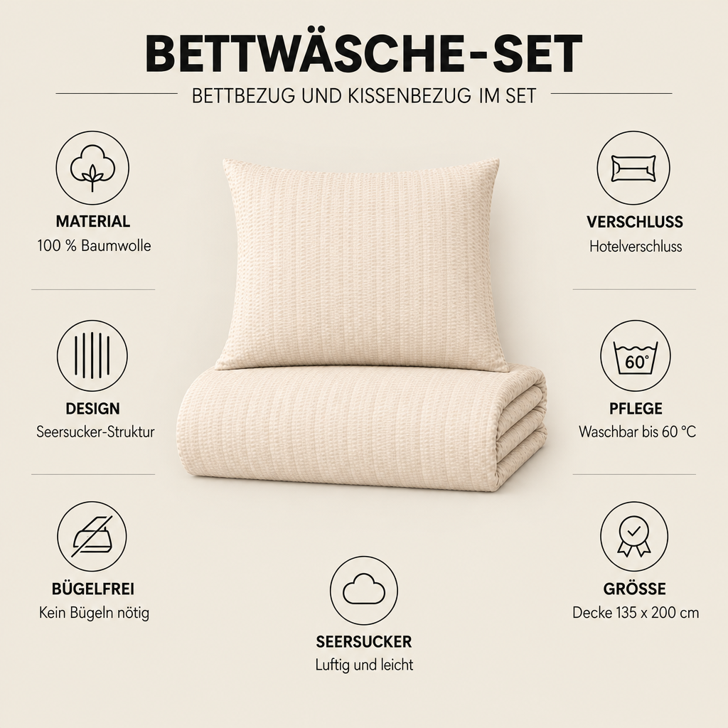Bettwäsche-Set Seersucker champagner – Material, Hotelverschluss und Pflege im Überblick