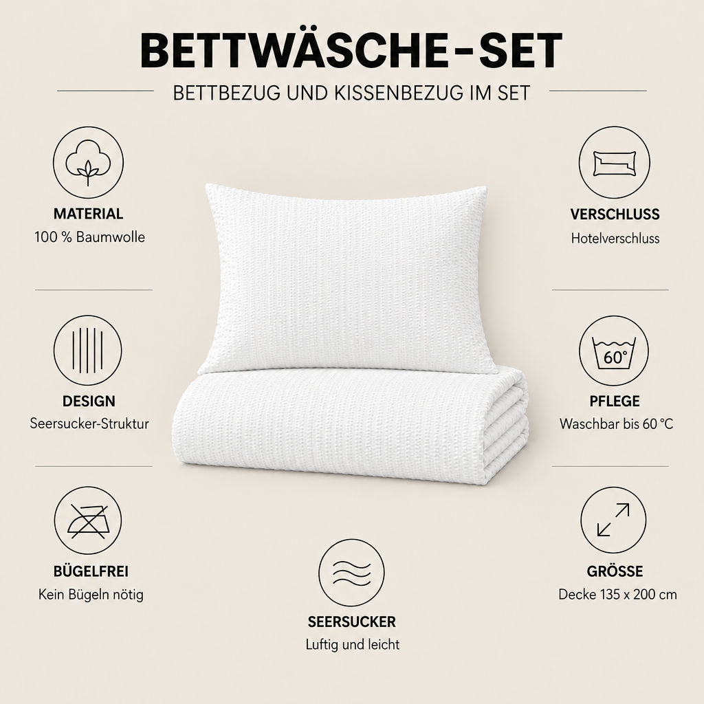 Bettwäsche-Set Seersucker weiß – Material, Hotelverschluss und Pflege im Überblick