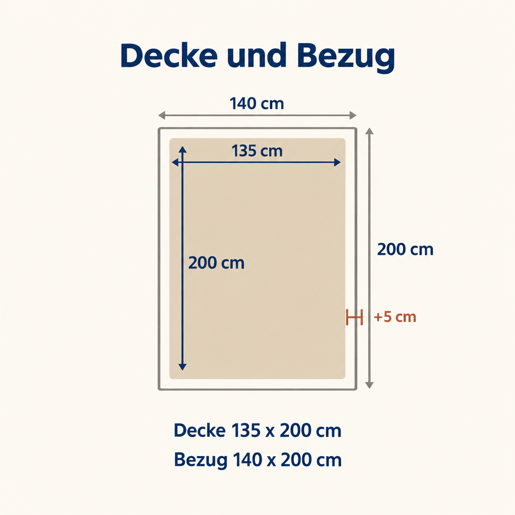 Grafik: Bettwäsche Standardgröße mit Decke 135 x 200 und Bezug 140 x 200 cm