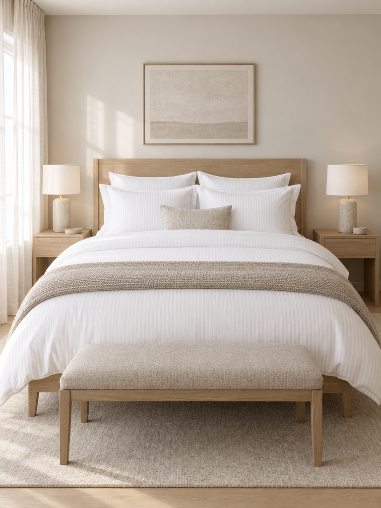 Weiße Bettwäsche mit Ton-in-Ton-Streifen im Hotel-Look