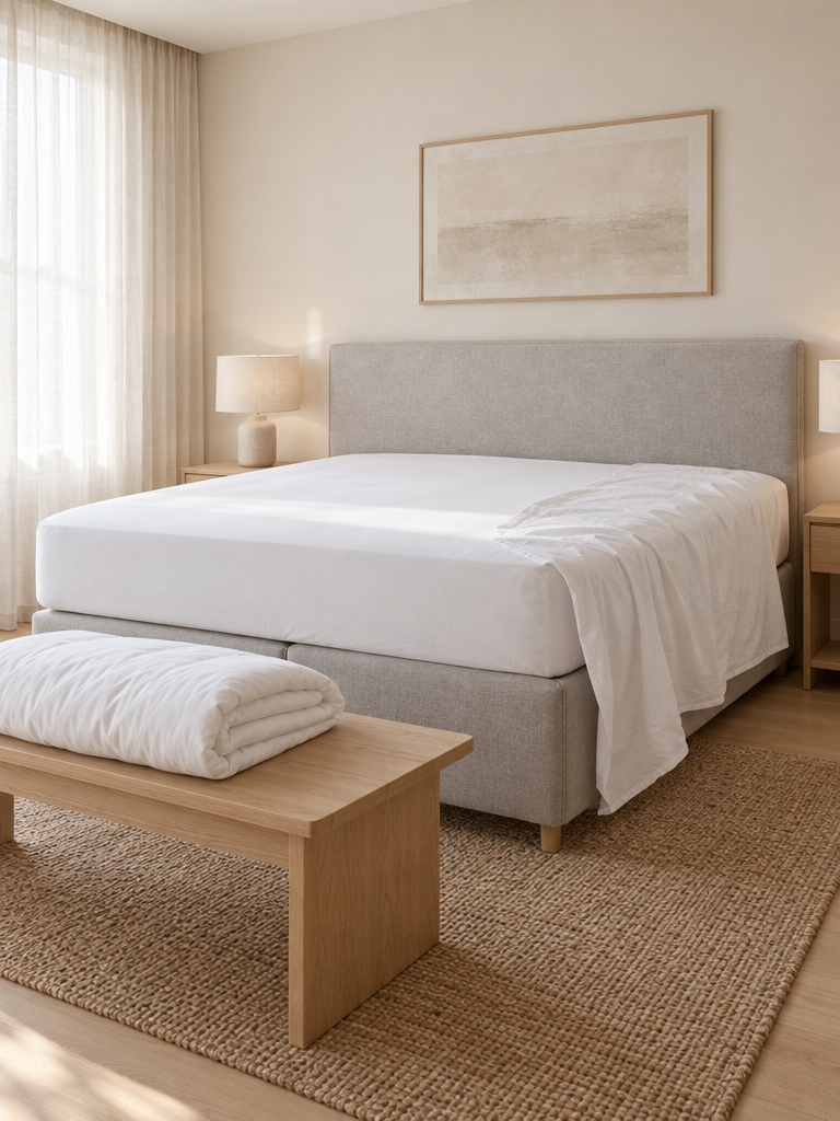 Boxspring Spannbettlaken wird aufgezogen, zwei Ecken sitzen bereits über der Matratze