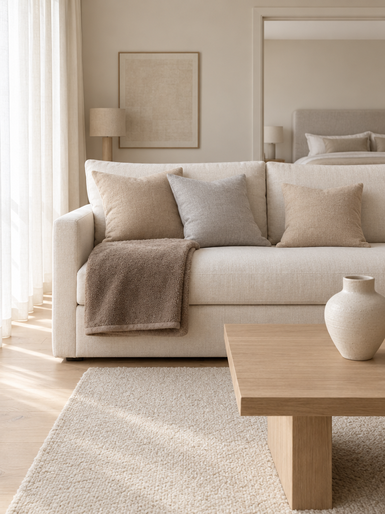Couchdecke in Mocca mit Kissen in Sand auf einem hellen Sofa kombiniert