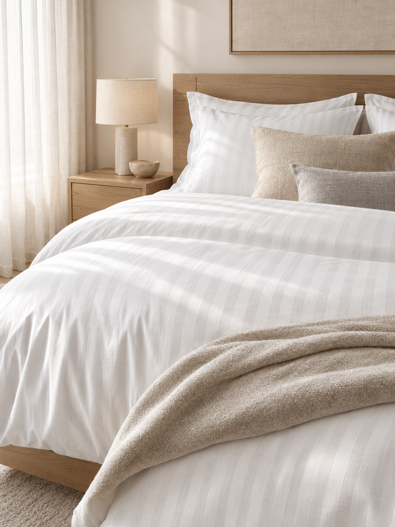 Weisse Damast Bettwäsche mit eingewebten Streifen auf einem Doppelbett
