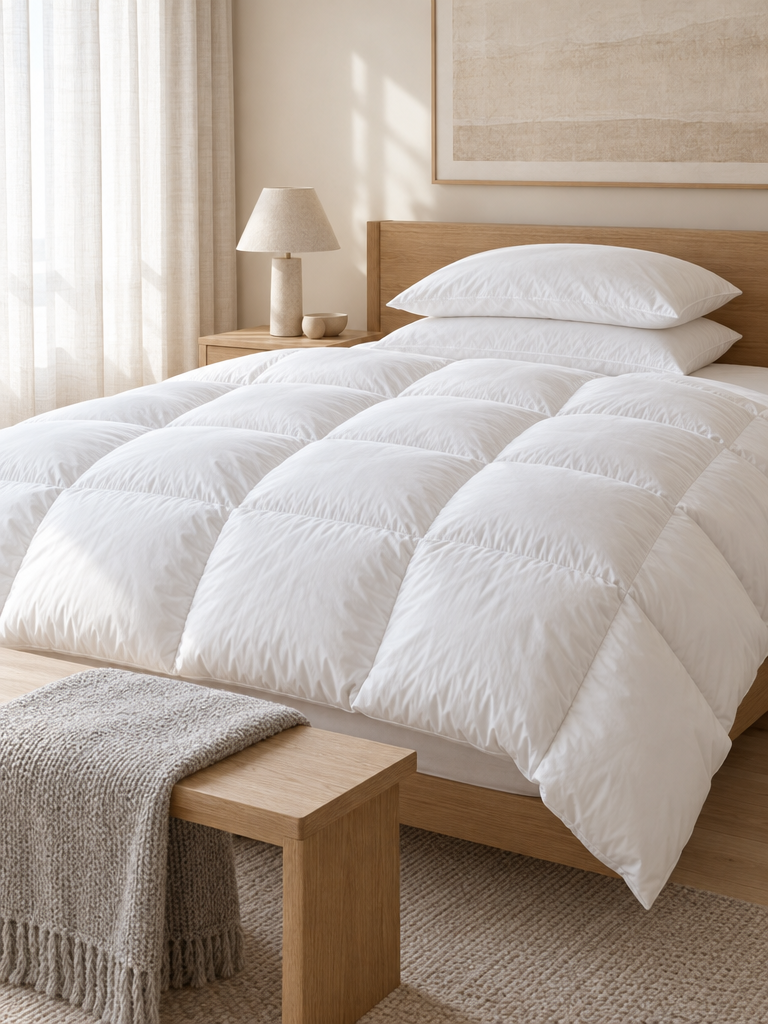 Frisch aufgeschüttelte Daunen Decke liegt locker und bauschig auf dem Bett
