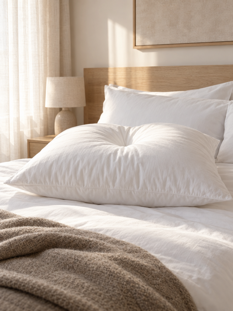 Daunen Kopfkissen weich aufgeschüttelt auf einem Bett mit weißer Bettwäsche