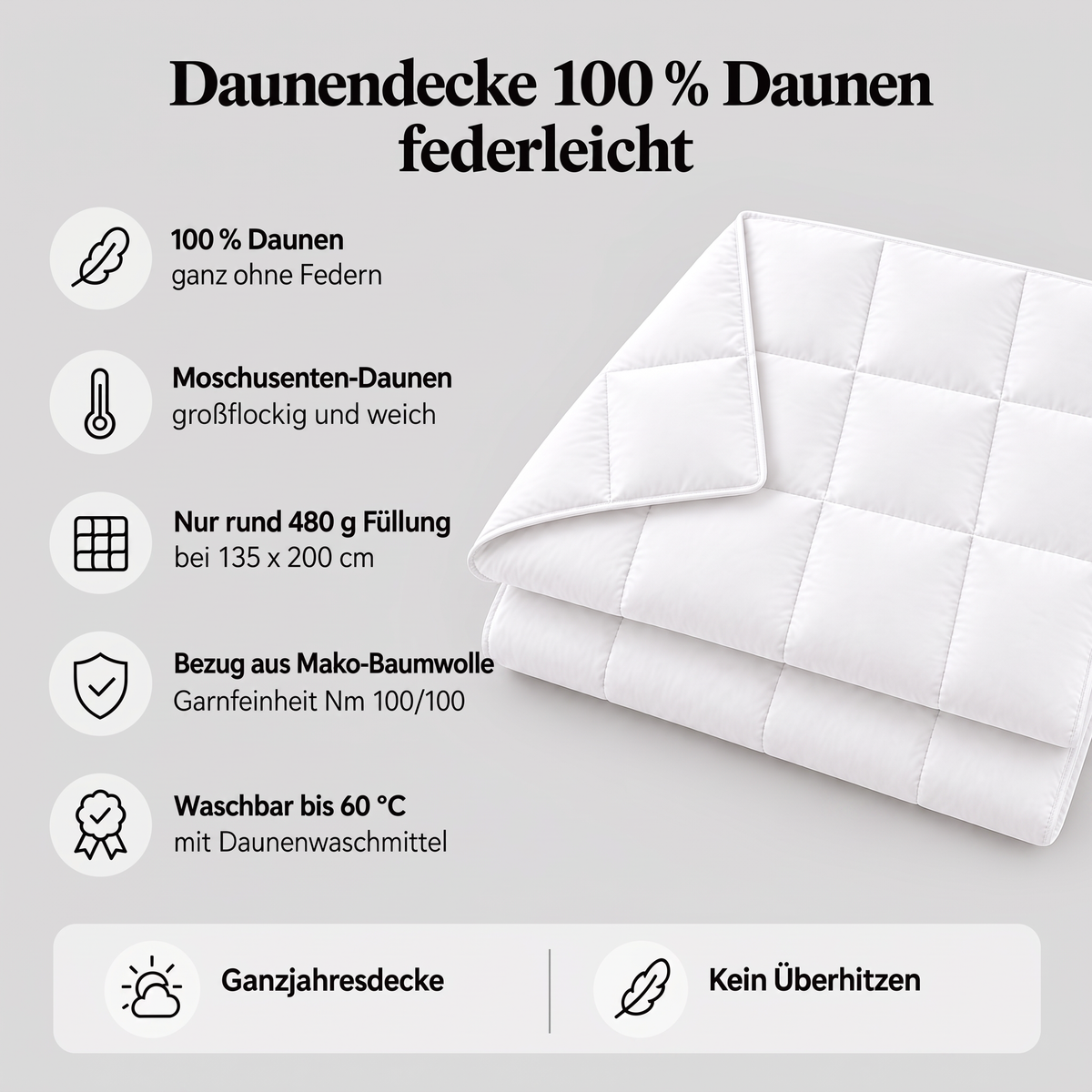 Infografik Daunendecke 100 % Daunen, federleicht