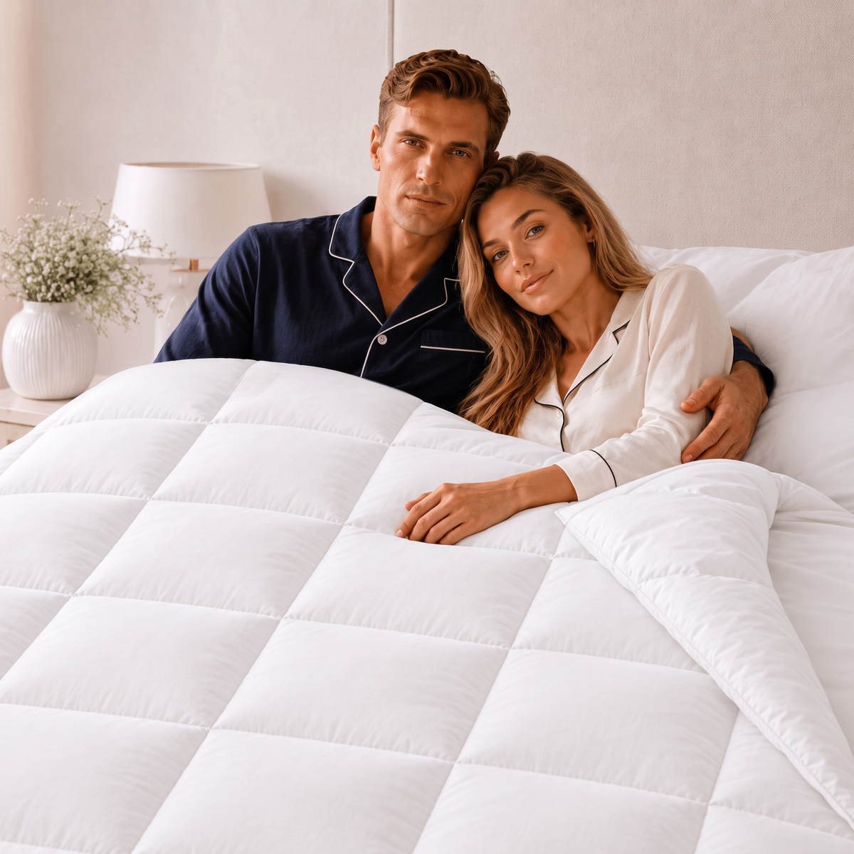 Paar im Bett unter der Ganzjahres-Daunendecke mit 70 % Daunen