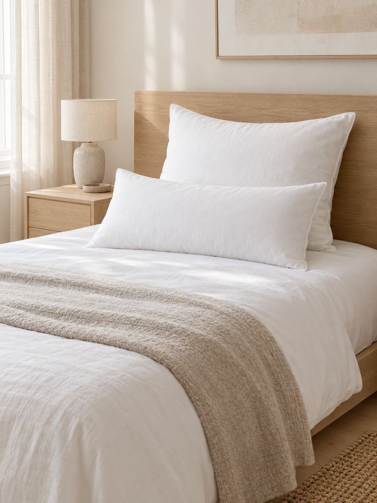 Schmales Daunenkissen für Seitenschläfer vor einem großen Kissen auf dem Bett