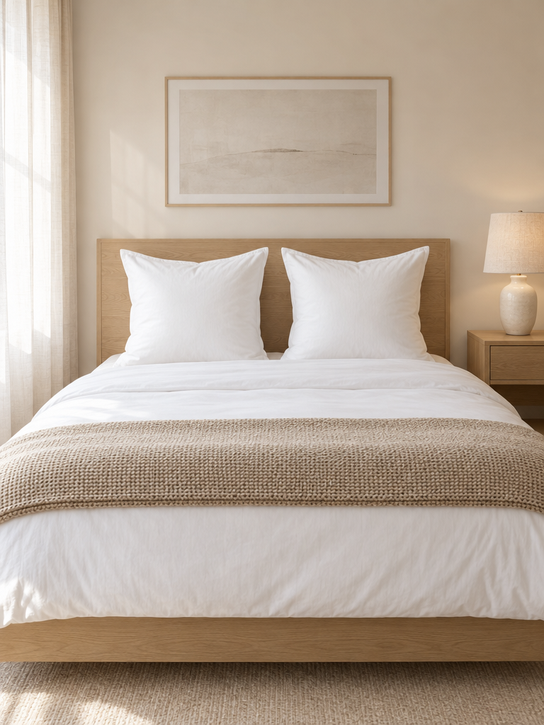 Daunenkissen in Weiß auf einem hellen Bett im skandinavischen Schlafzimmer