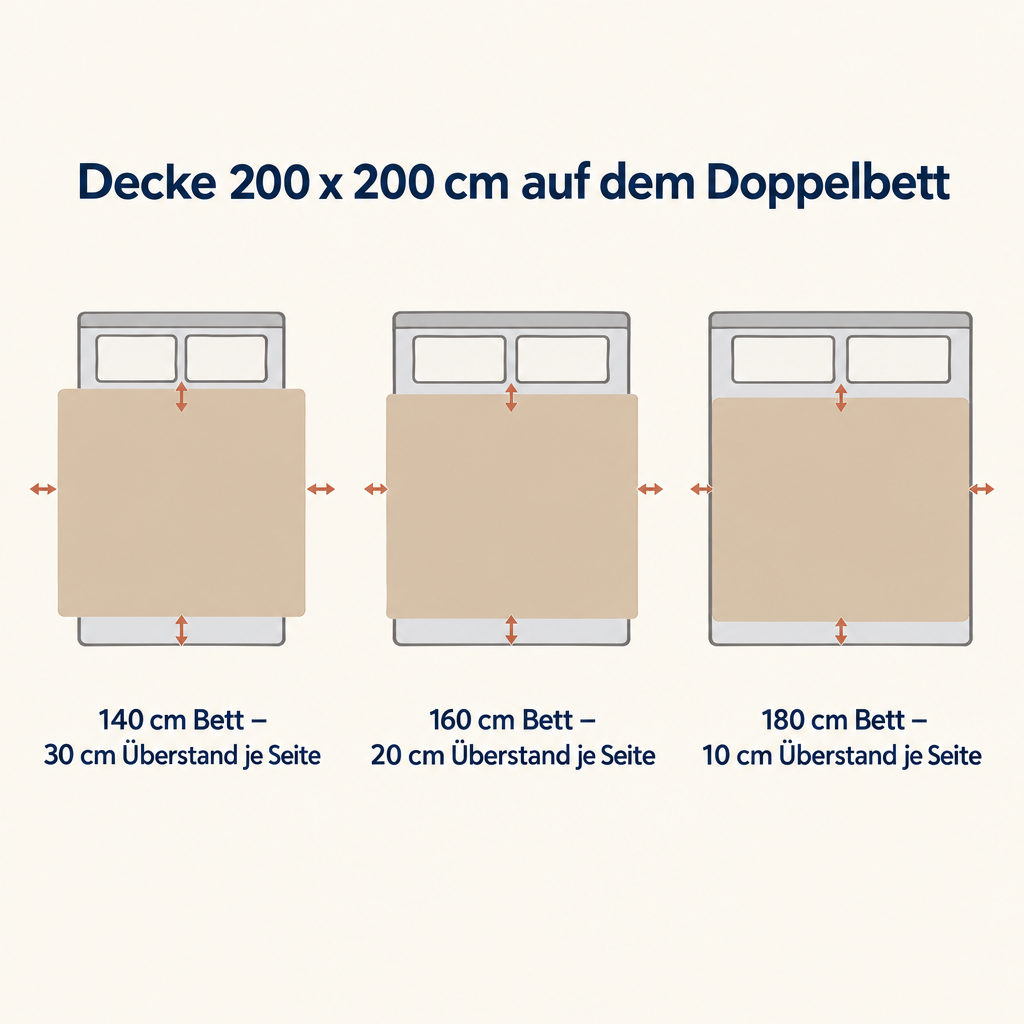 Grafik: Decke 200x200 auf Betten mit 140, 160 und 180 cm Breite