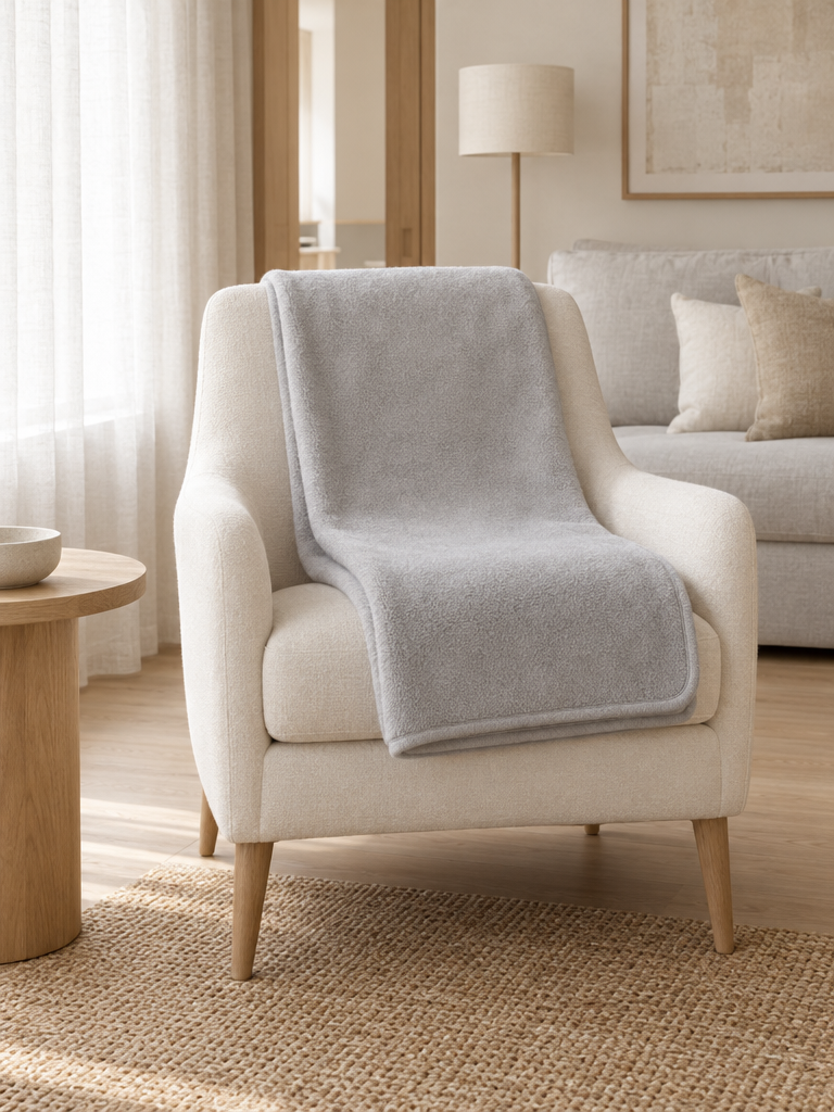 Decke für Sofa und Sessel quer gefaltet über einem cremefarbenen Sessel