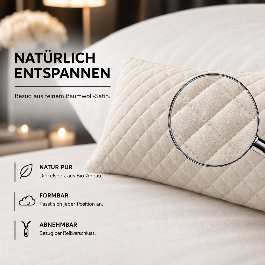 Dinkelkissen mit Bio-Dinkelspelz – Detailansicht mit Lupe