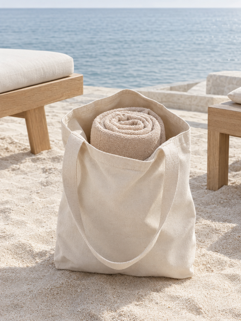 Dünnes, leichtes Strandtuch gerollt in einer Strandtasche