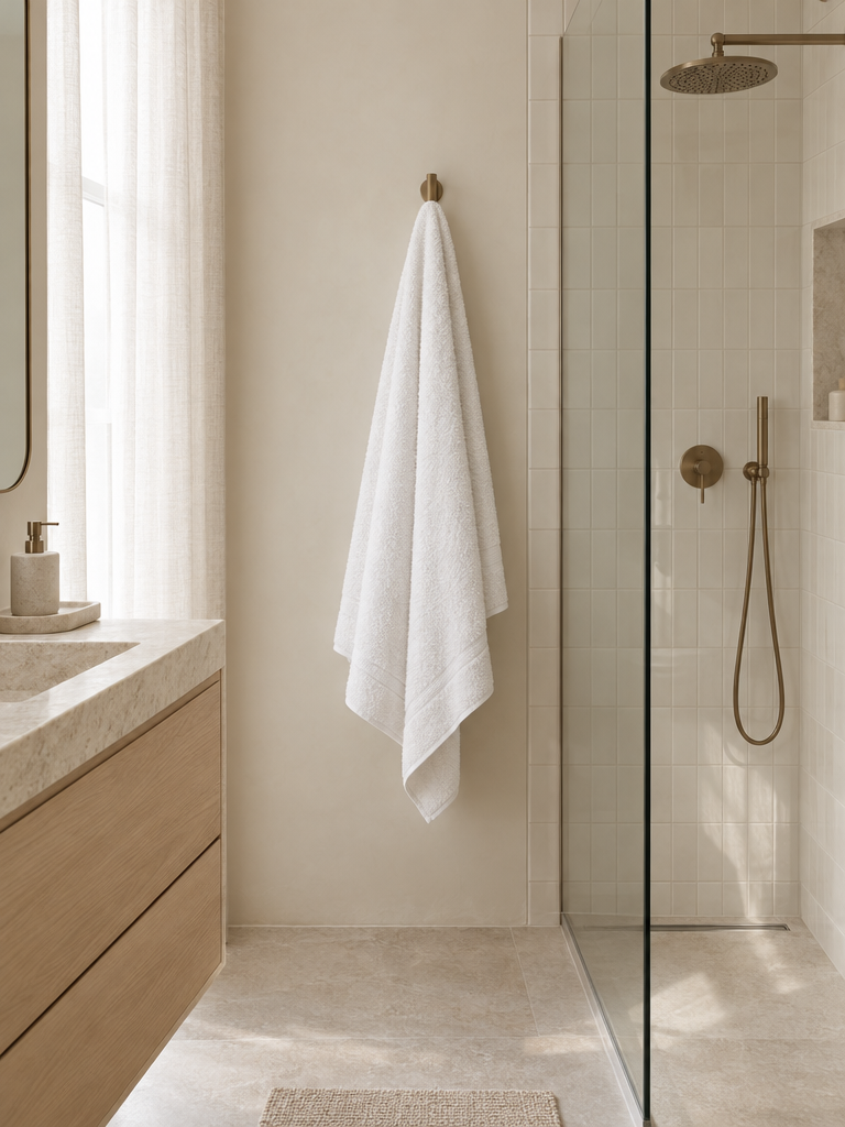 Kleineres Frotteetuch am Haken neben der Dusche als Alternative zum großen Badetuch