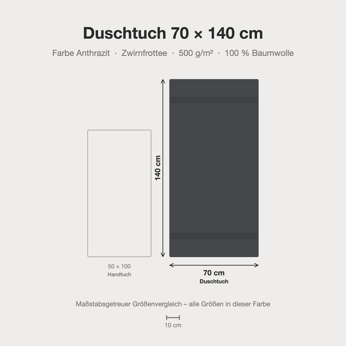 Größenvergleich: Duschtuch 70 x 140 cm in anthrazit dunkelgrau – maßstabsgetreue Infografik