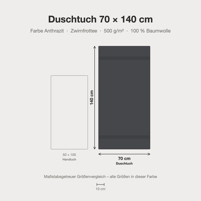 Größenvergleich: Duschtuch 70 x 140 cm in anthrazit dunkelgrau – maßstabsgetreue Infografik