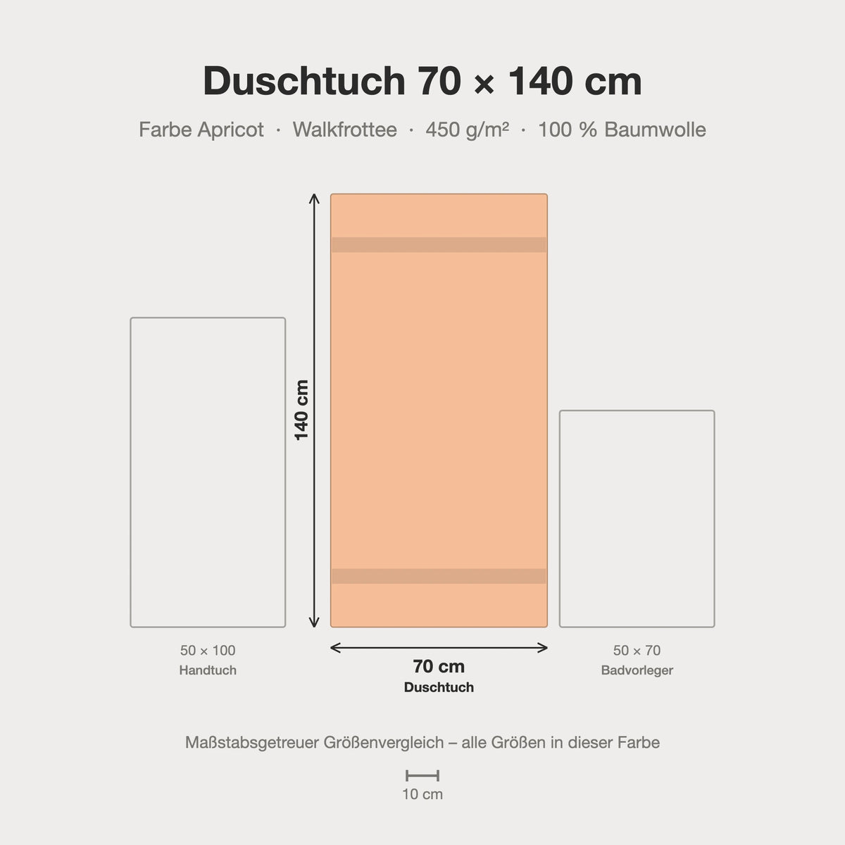 Größenvergleich: Duschtuch 70 x 140 cm in Apricot – maßstabsgetreue Infografik
