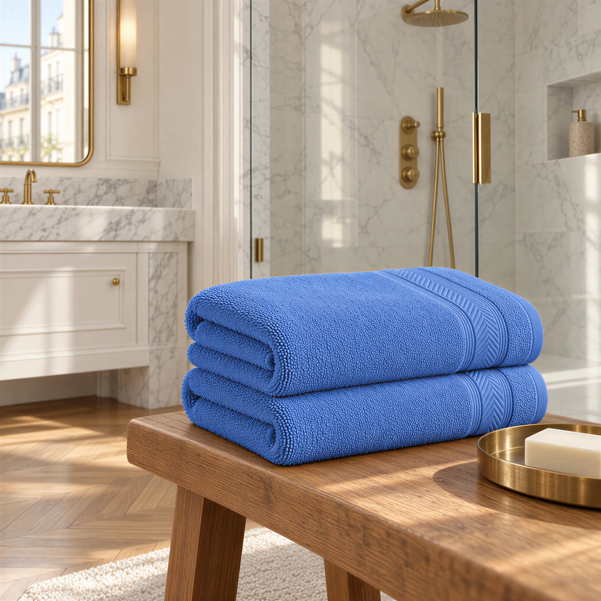 Duschtuch Azurblau aus Walkfrottee im hellen Badezimmer