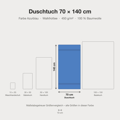 Größenvergleich: Duschtuch 70 x 140 cm in Azurblau – maßstabsgetreue Infografik