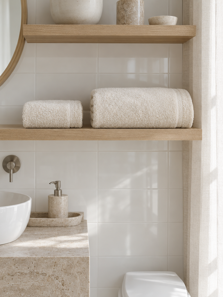 Duschtuch und größeres Badetuch in Creme nebeneinander auf einem Holzregal im Bad