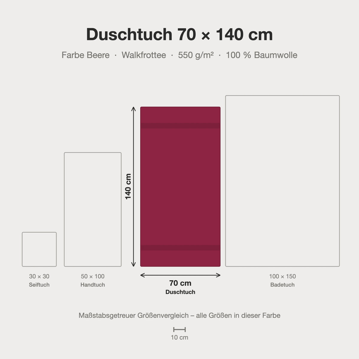 Maßstabsgetreue Größen-Infografik: Duschtuch 70 x 140 cm in beere