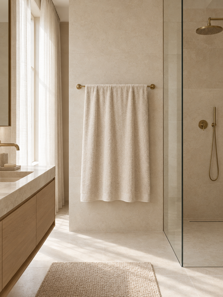 Duschtuch beige ausgebreitet an einer Stange neben der begehbaren Dusche