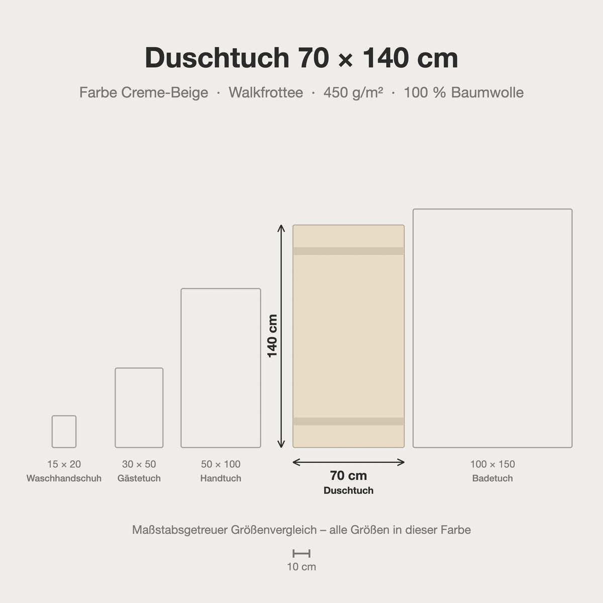 Größenvergleich: Duschtuch 70 x 140 cm in Creme-Beige – maßstabsgetreue Infografik