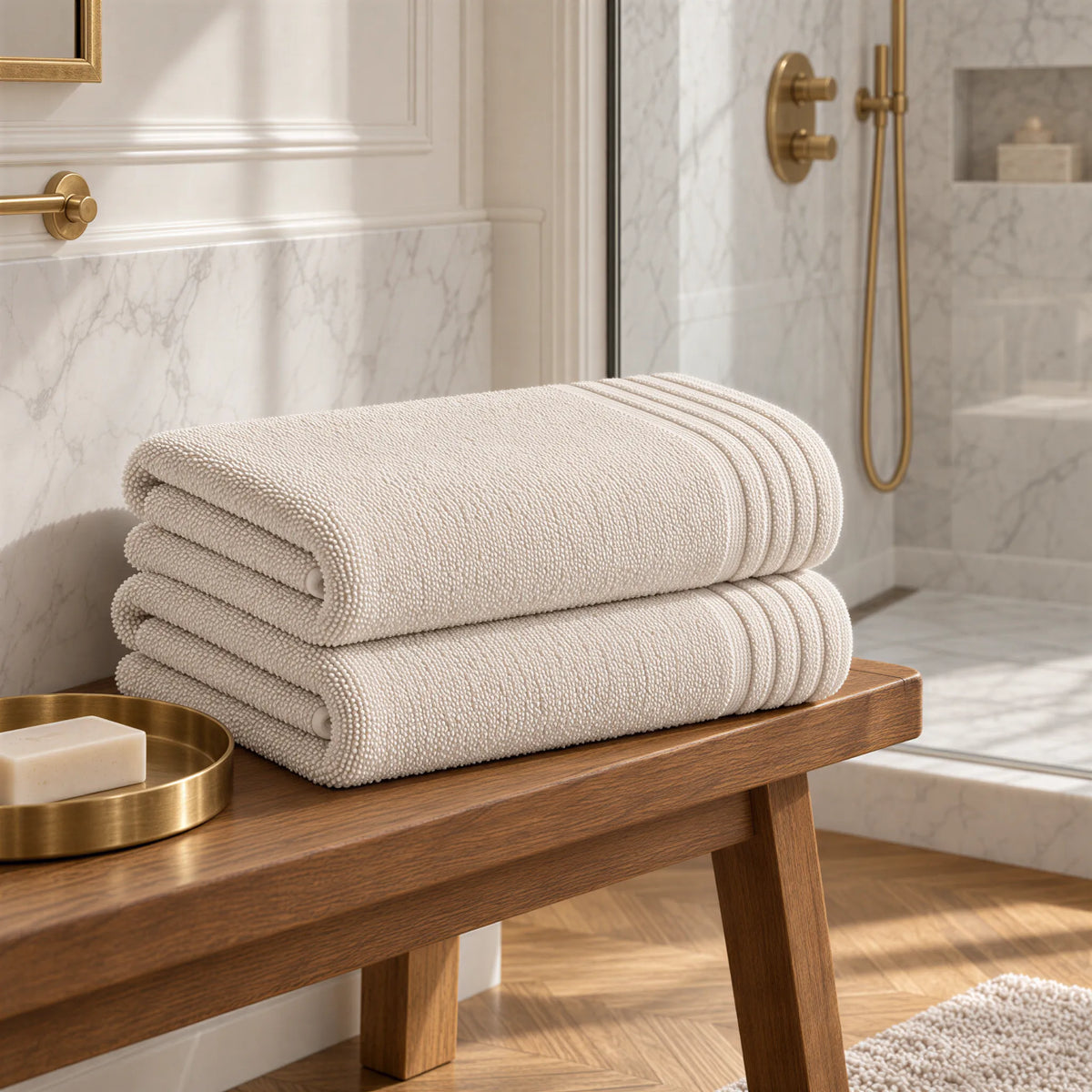Duschtuch creme beige aus Zwirnfrottee im hellen Badezimmer
