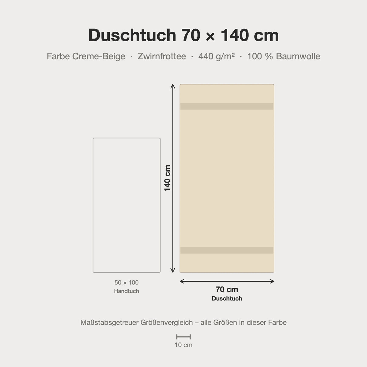Größenvergleich: Duschtuch 70 x 140 cm in creme beige – maßstabsgetreue Infografik