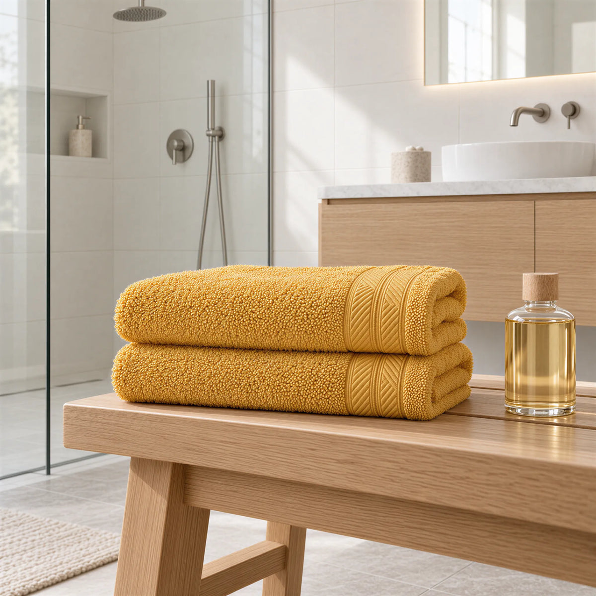 Duschtuch Gold aus Walkfrottee im hellen Badezimmer