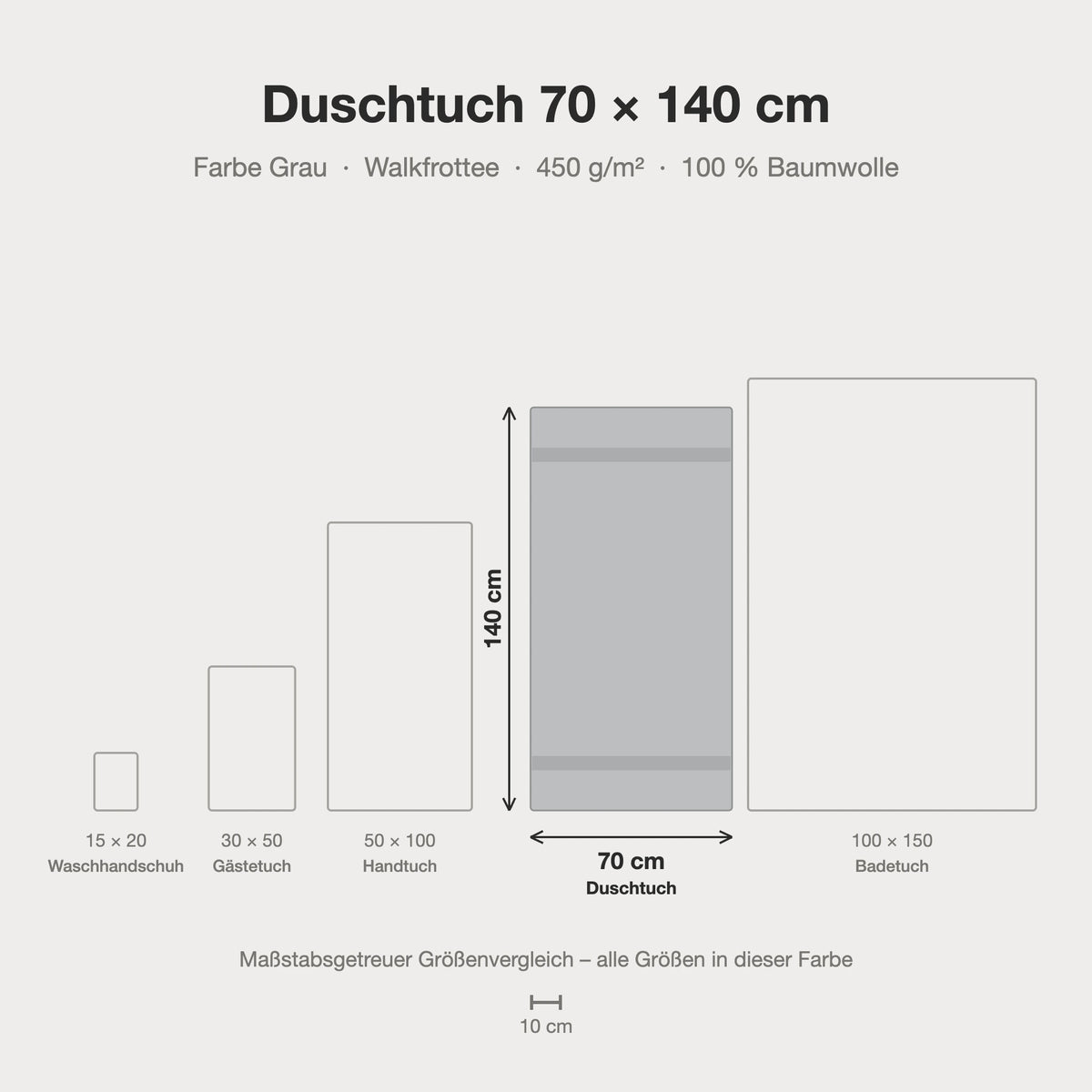 Größenvergleich: Duschtuch 70 x 140 cm in Grau – maßstabsgetreue Infografik