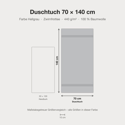 Größenvergleich: Duschtuch 70 x 140 cm in grau – maßstabsgetreue Infografik