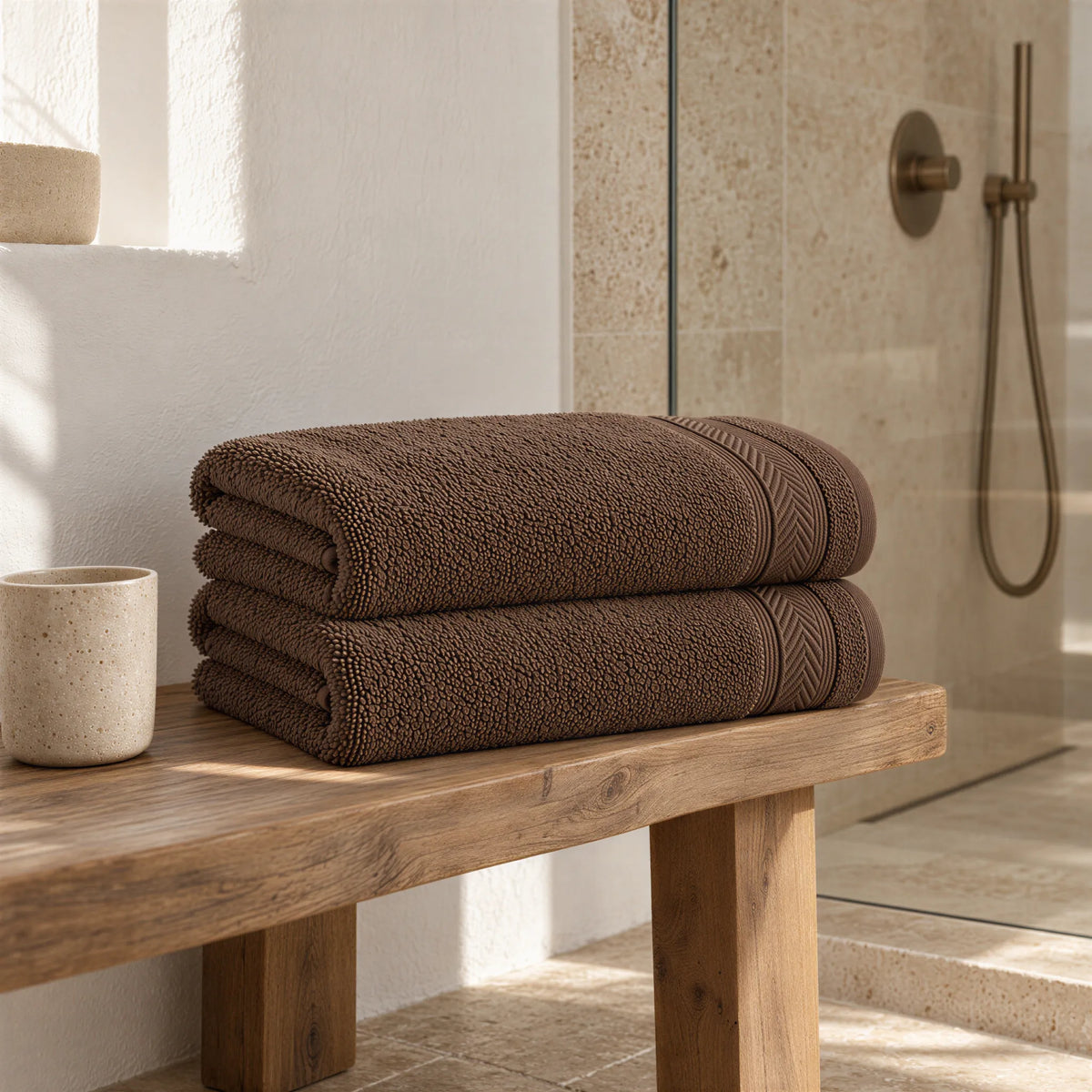 Duschtuch Mocca aus Walkfrottee im hellen Badezimmer