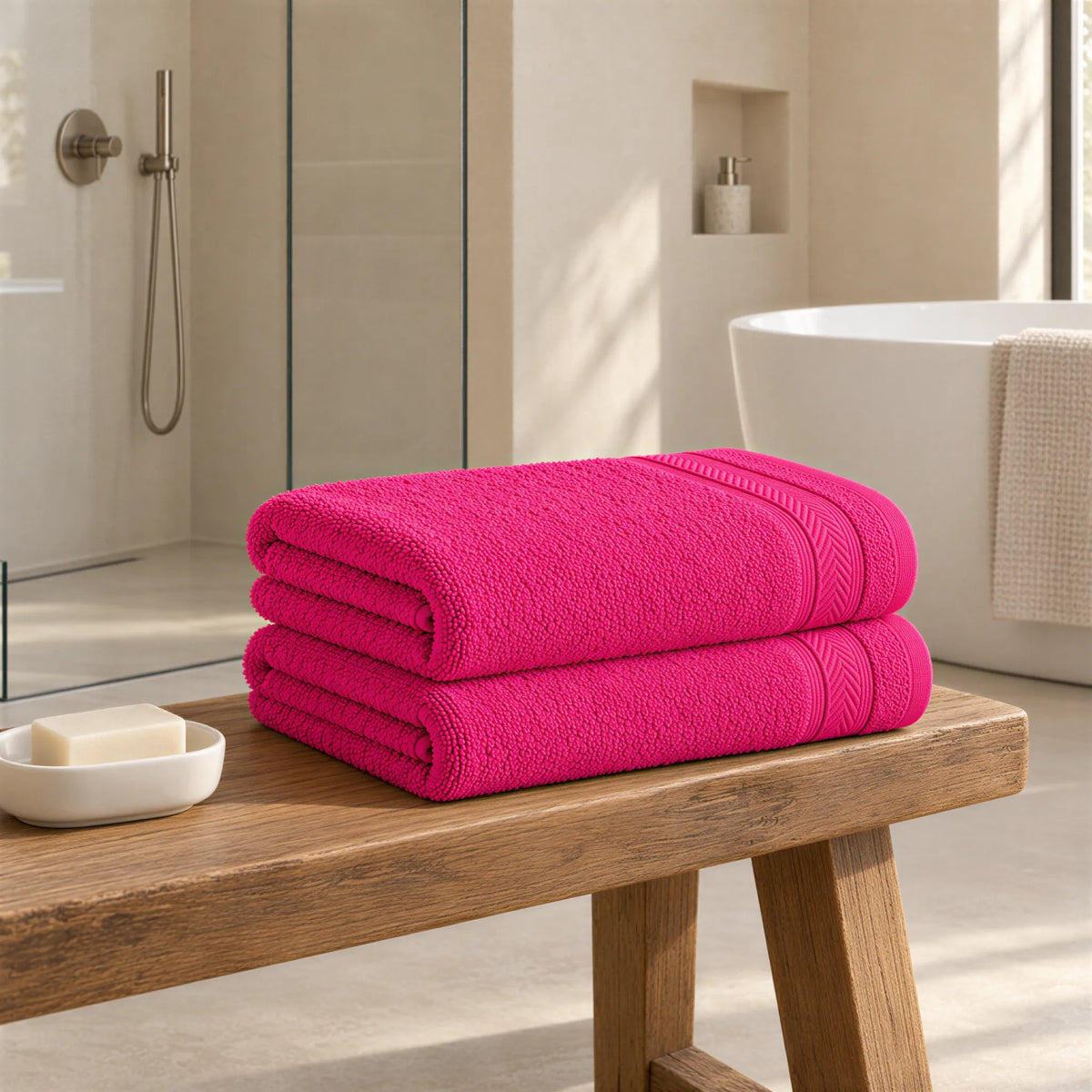 Duschtuch Pink aus Walkfrottee im hellen Badezimmer