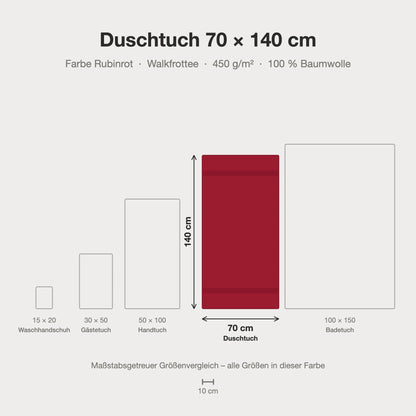 Größenvergleich: Duschtuch 70 x 140 cm in Rubinrot – maßstabsgetreue Infografik