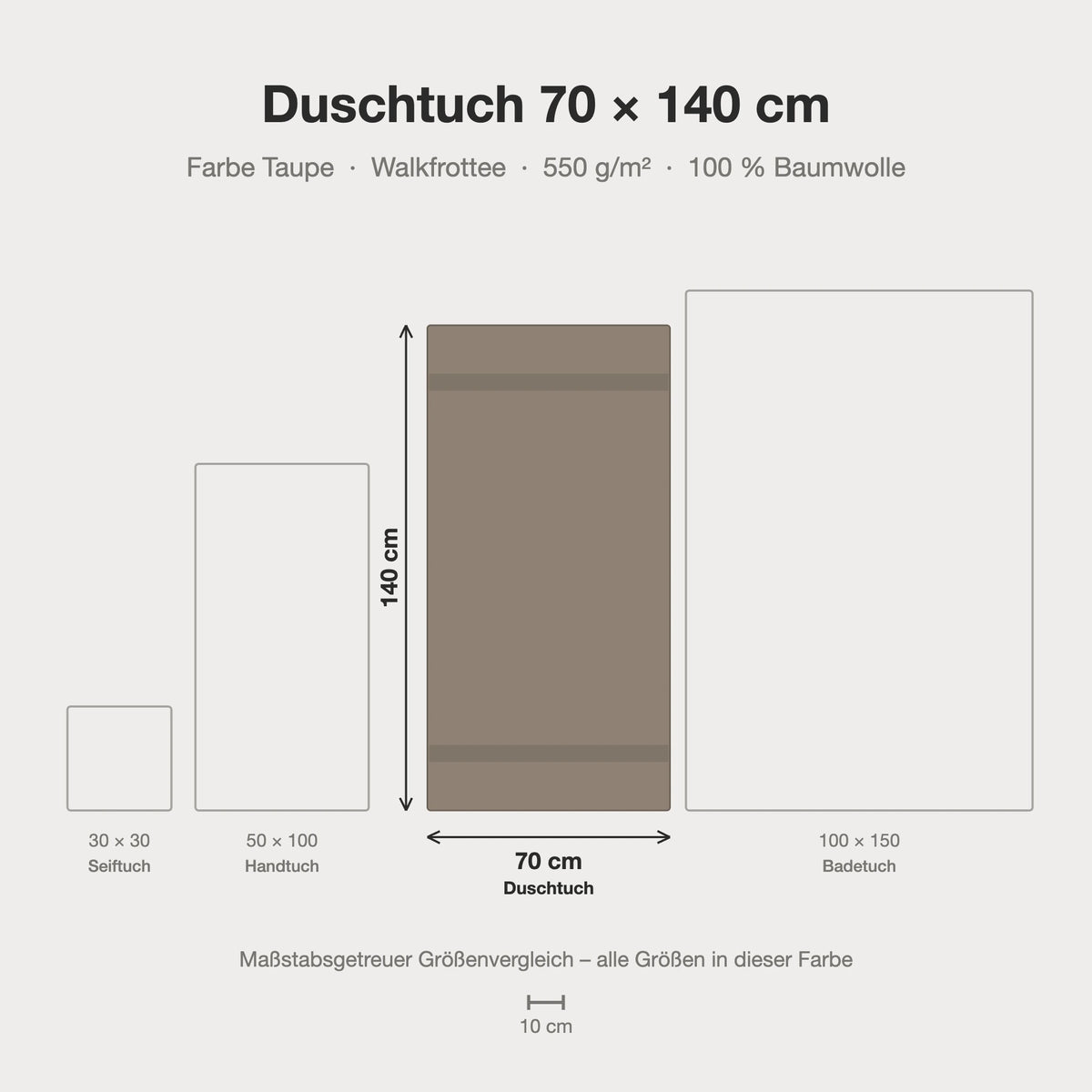 Maßstabsgetreue Größen-Infografik: Duschtuch 70 x 140 cm in taupe