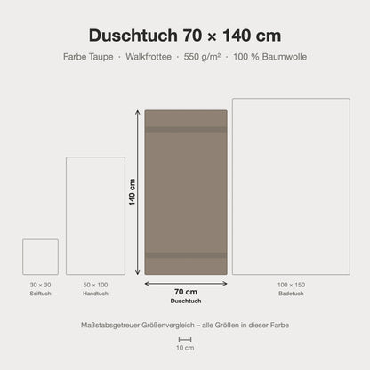 Maßstabsgetreue Größen-Infografik: Duschtuch 70 x 140 cm in taupe