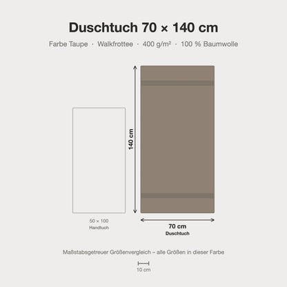 Maßstabsgetreue Größen-Infografik: Duschtuch 70 x 140 cm in taupe