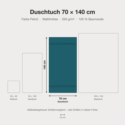 Maßstabsgetreue Größen-Infografik: Duschtuch 70 x 140 cm in türkis petrol