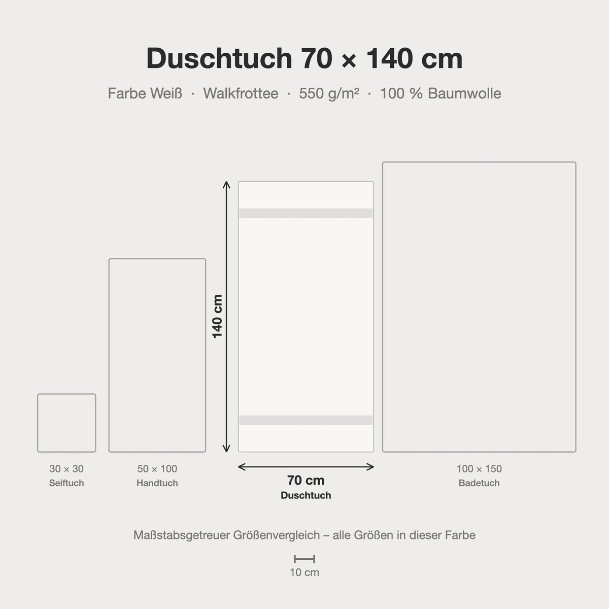 Maßstabsgetreue Größen-Infografik: Duschtuch 70 x 140 cm in weiß