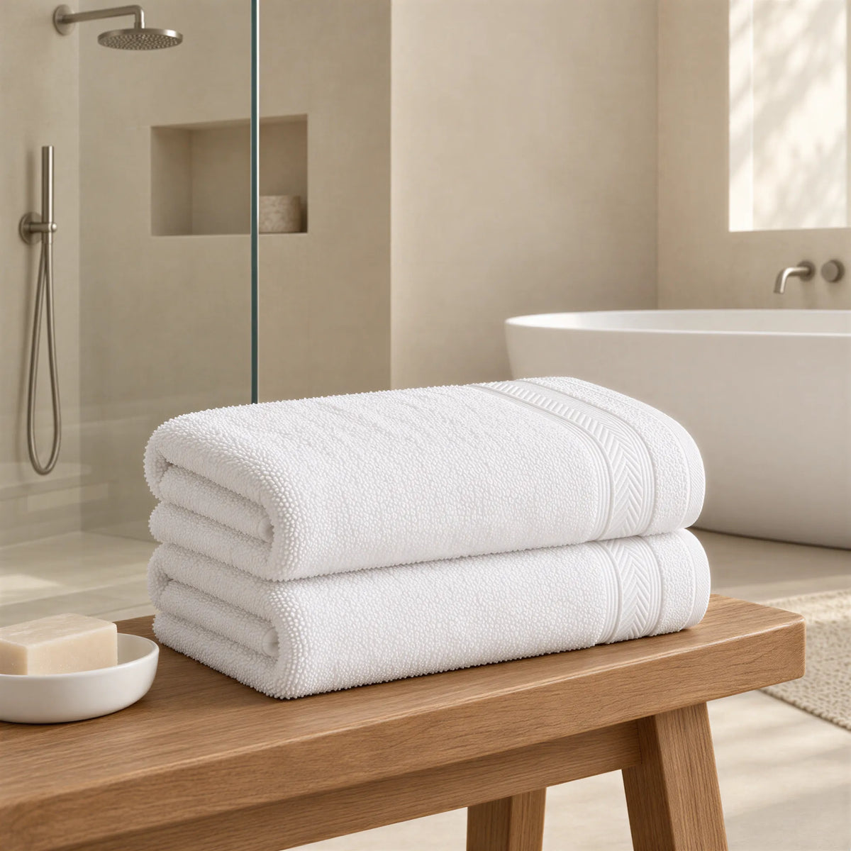 Duschtuch Weiß aus Walkfrottee im hellen Badezimmer