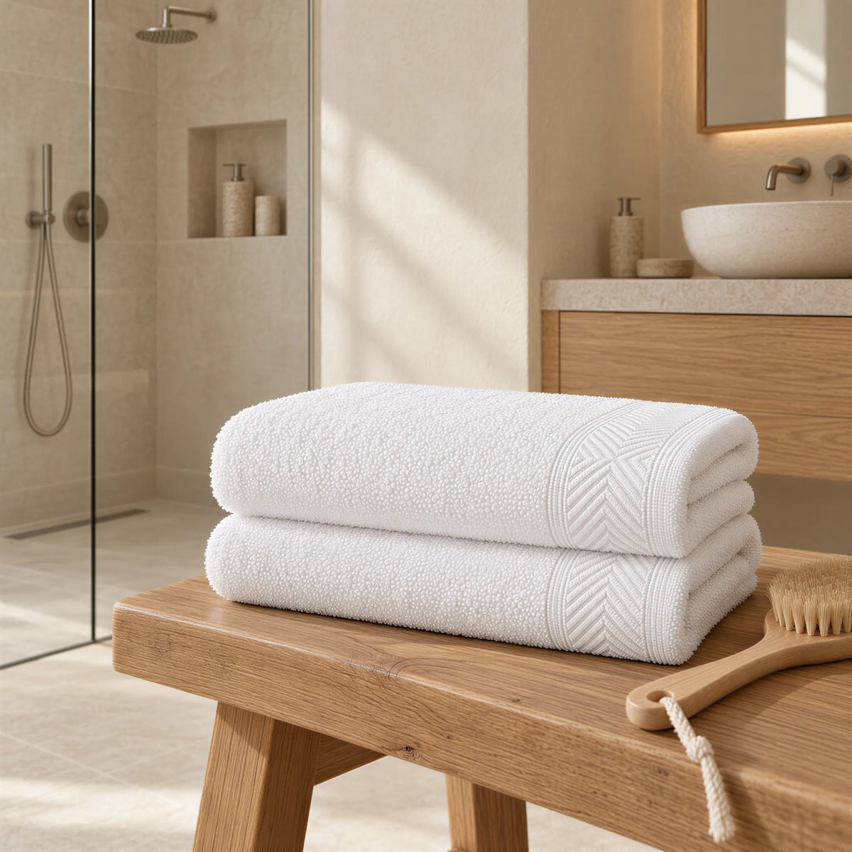 Duschtuch weiß im hellen Badezimmer