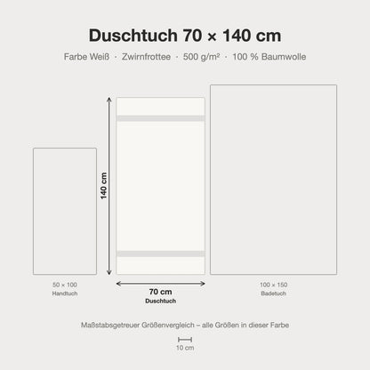 Größenvergleich: Duschtuch 70 x 140 cm in weiß – maßstabsgetreue Infografik
