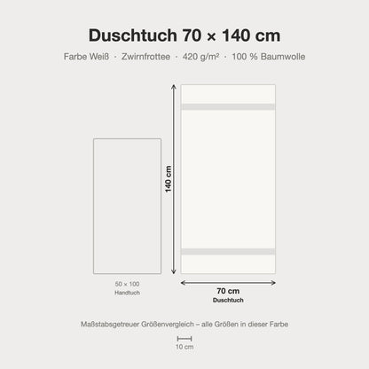 Größenvergleich: Duschtuch 70 x 140 cm in weiß – maßstabsgetreue Infografik
